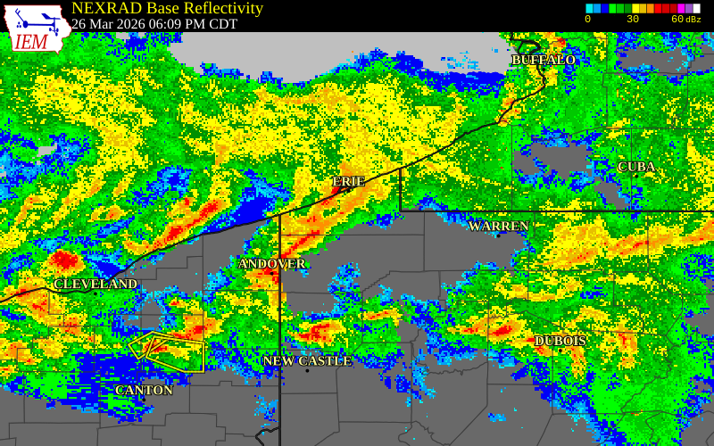 NEXRAD radar during the Thursday, March 26, 2026 storm activity in Erie County, Pennsylvania