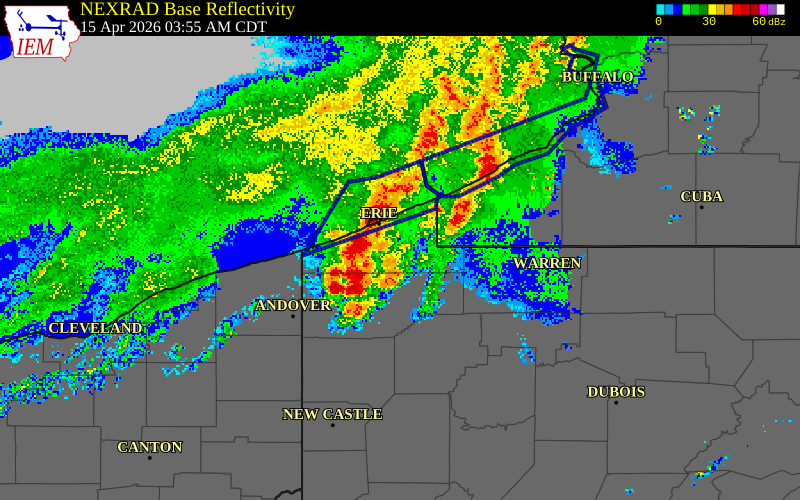 NEXRAD radar during the Wednesday, April 15, 2026 storm activity in Erie County, Pennsylvania