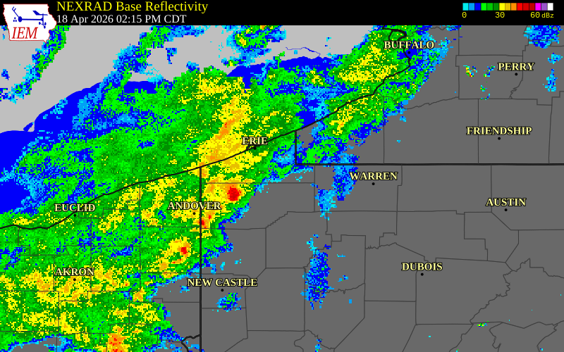 NEXRAD radar during the Saturday, April 18, 2026 storm activity in Erie County, Pennsylvania