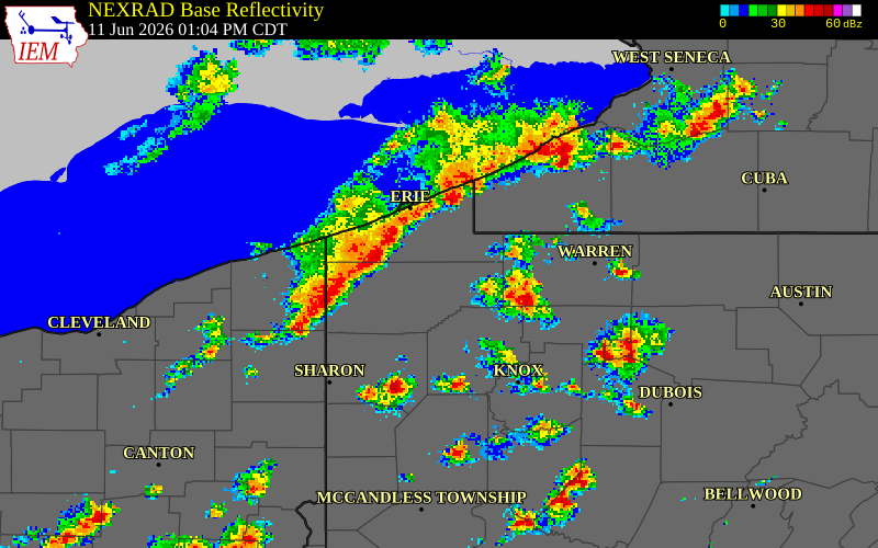 NEXRAD radar during the Thursday, June 11, 2026 storm activity in Erie County, Pennsylvania