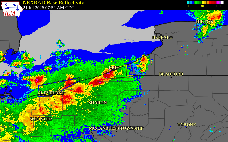 Radar snapshot during the Jul 21, 2026 hail event near 1 SSW Erie, Erie County, Pennsylvania, with NWS warning polygons