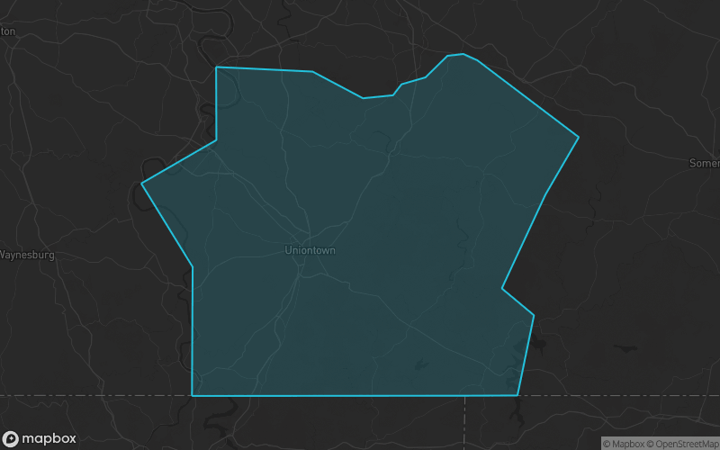 Map of Fayette County, Pennsylvania showing the county boundary and surrounding cities