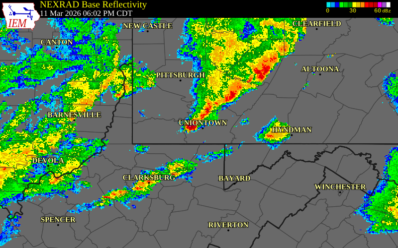 NEXRAD radar during the Wednesday, March 11, 2026 storm activity in Fayette County, Pennsylvania