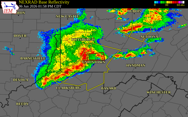 NEXRAD radar during the Saturday, June 6, 2026 storm activity in Fayette County, Pennsylvania