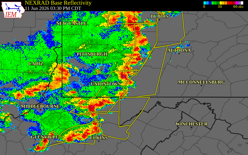 NEXRAD radar during the Thursday, June 11, 2026 storm activity in Fayette County, Pennsylvania