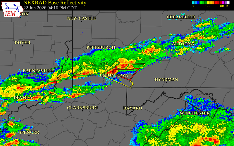 NEXRAD radar during the Monday, June 22, 2026 storm activity in Fayette County, Pennsylvania
