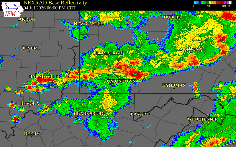 NEXRAD radar during the Saturday, July 4, 2026 storm activity in Fayette County, Pennsylvania