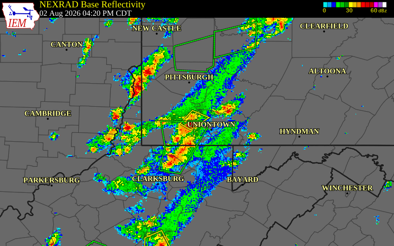 NEXRAD radar during the Sunday, August 2, 2026 storm activity in Fayette County, Pennsylvania