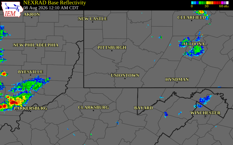 NEXRAD radar during the Saturday, August 8, 2026 storm activity in Fayette County, Pennsylvania