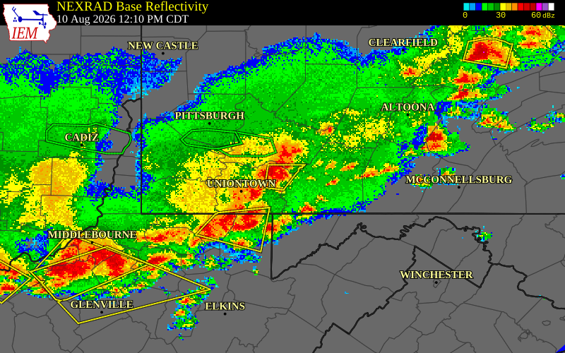 NEXRAD radar during the Monday, August 10, 2026 storm activity in Fayette County, Pennsylvania