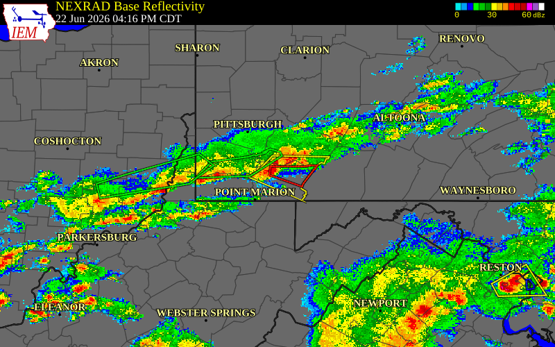Radar snapshot during the Jun 22, 2026 tornado event near 2 SSW Vanderbilt, Fayette County, Pennsylvania, with NWS warning polygons