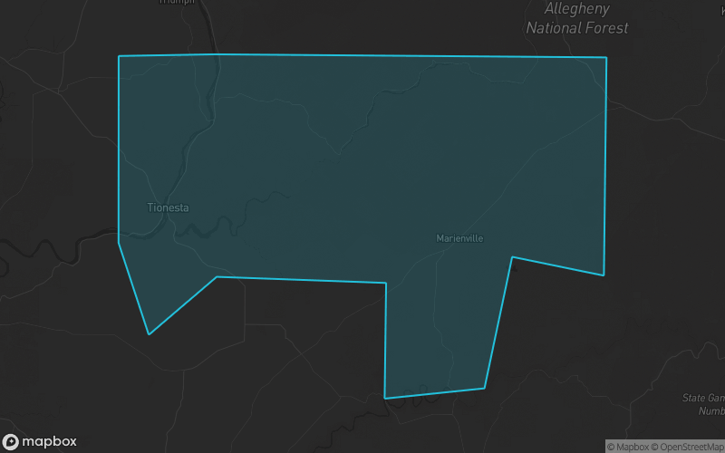 Map of Forest County, Pennsylvania showing the county boundary and surrounding cities