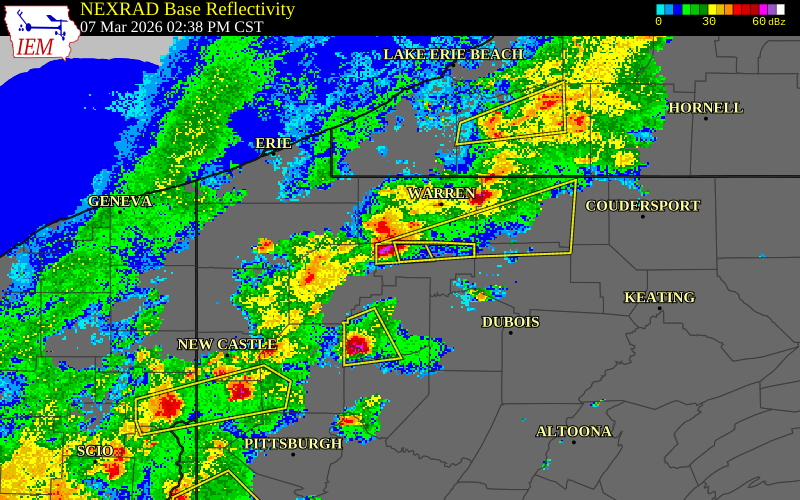 NEXRAD radar during the Saturday, March 7, 2026 storm activity in Forest County, Pennsylvania