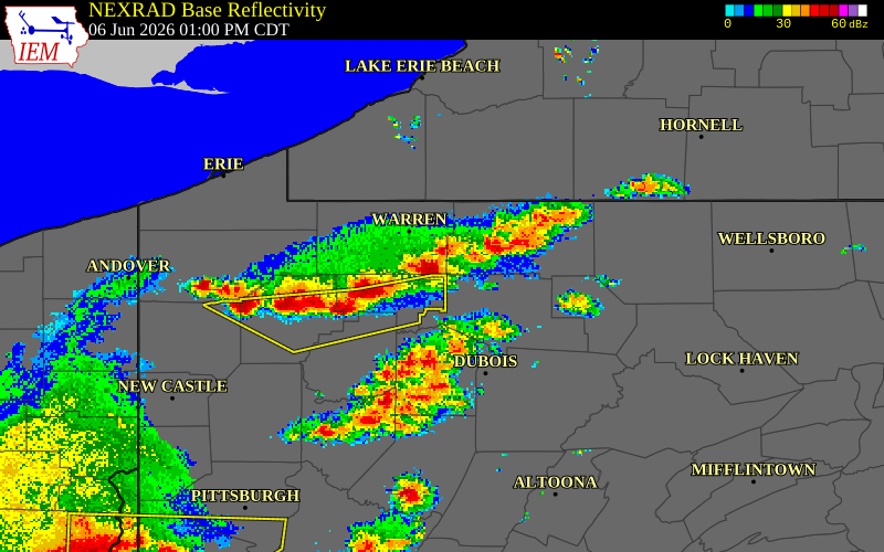 NEXRAD radar during the Saturday, June 6, 2026 storm activity in Forest County, Pennsylvania