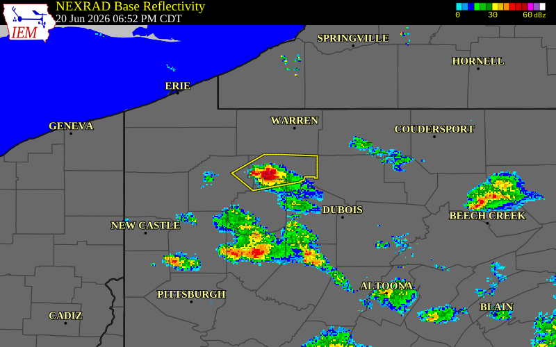 NEXRAD radar during the Saturday, June 20, 2026 storm activity in Forest County, Pennsylvania
