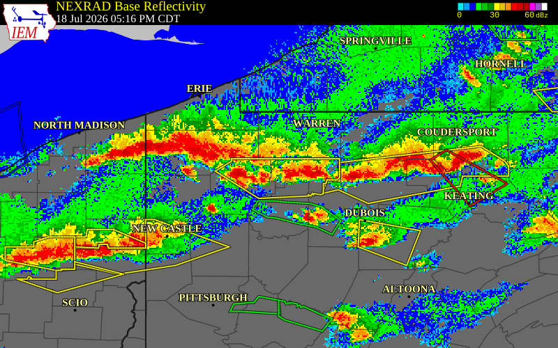 NEXRAD radar during the Saturday, July 18, 2026 storm activity in Forest County, Pennsylvania