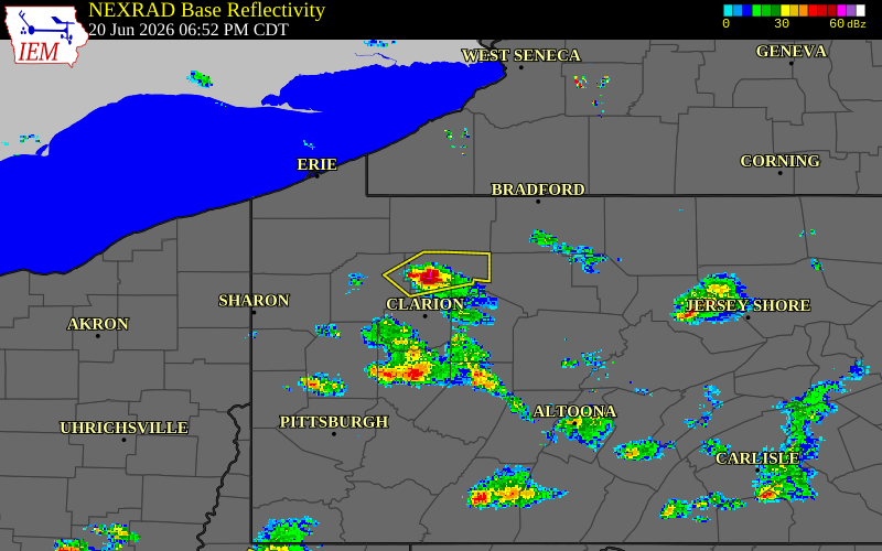 Radar snapshot during the Jun 20, 2026 wind event near 9 E Tionesta, Forest County, Pennsylvania, with NWS warning polygons