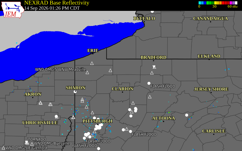 Current NEXRAD radar over Forest County, Pennsylvania with recent storm report locations