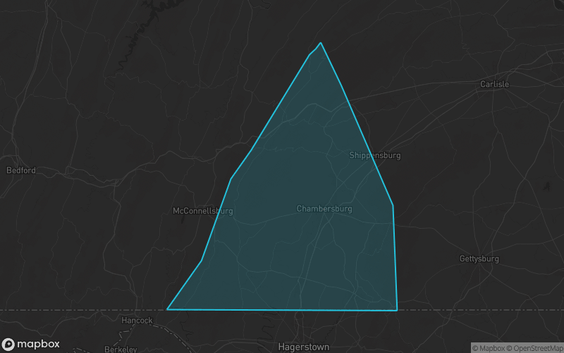 Map of Franklin County, Pennsylvania showing the county boundary and surrounding cities