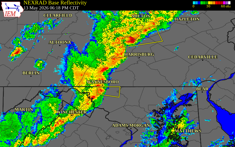 NEXRAD radar during the Wednesday, May 13, 2026 storm activity in Franklin County, Pennsylvania