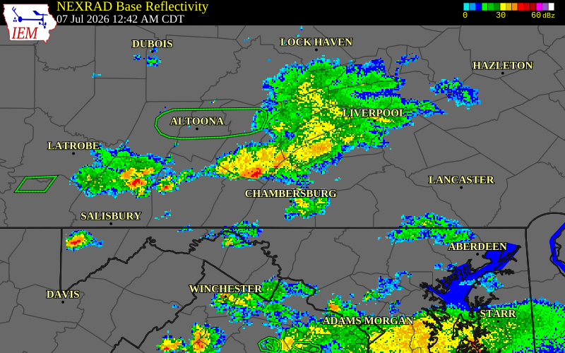 NEXRAD radar during the Tuesday, July 7, 2026 storm activity in Franklin County, Pennsylvania