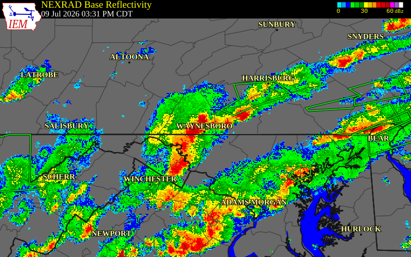NEXRAD radar during the Thursday, July 9, 2026 storm activity in Franklin County, Pennsylvania