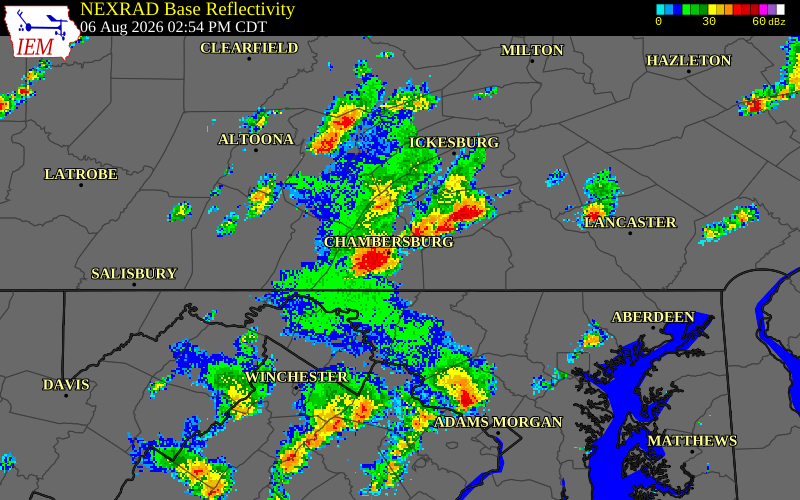 NEXRAD radar during the Thursday, August 6, 2026 storm activity in Franklin County, Pennsylvania