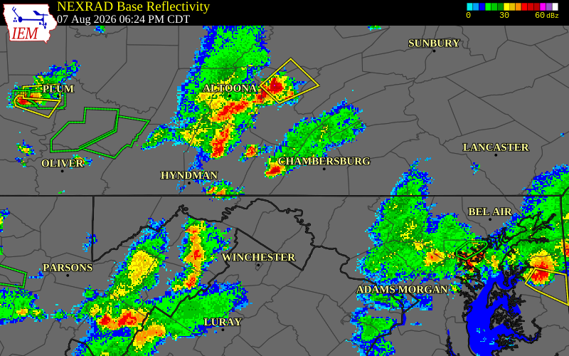 NEXRAD radar during the Friday, August 7, 2026 storm activity in Franklin County, Pennsylvania