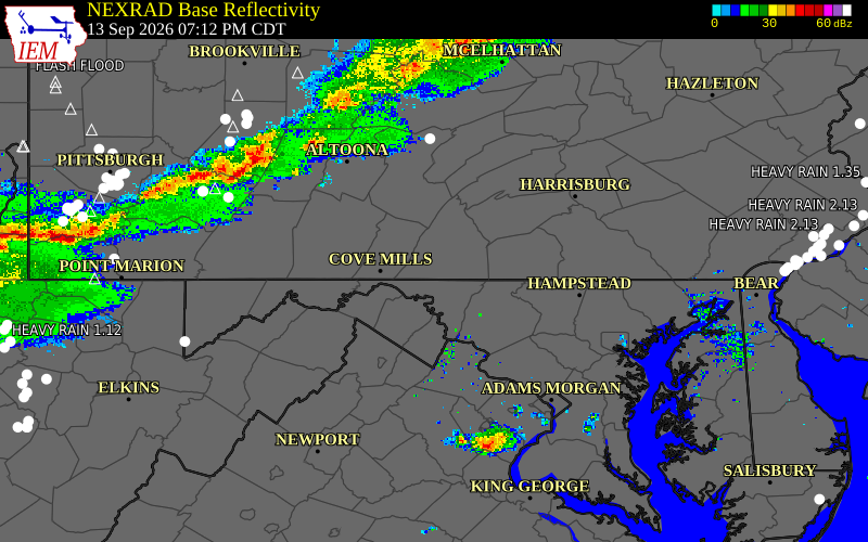 Current NEXRAD radar over Franklin County, Pennsylvania with recent storm report locations