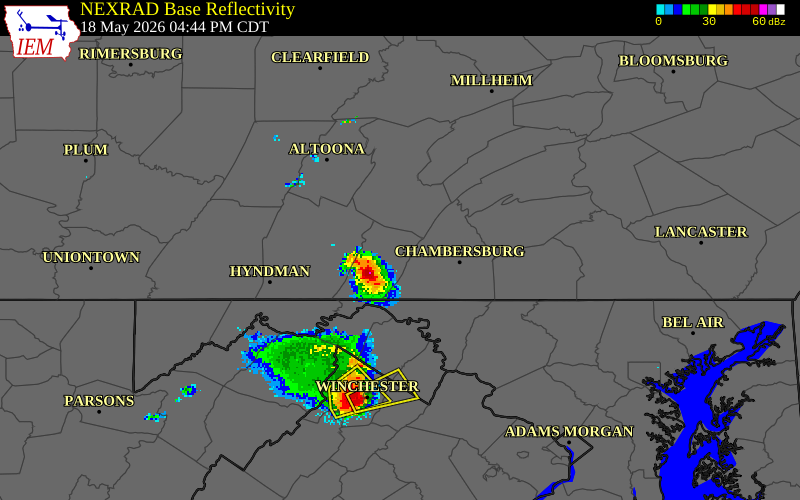 NEXRAD radar during the Monday, May 18, 2026 storm activity in Fulton County, Pennsylvania