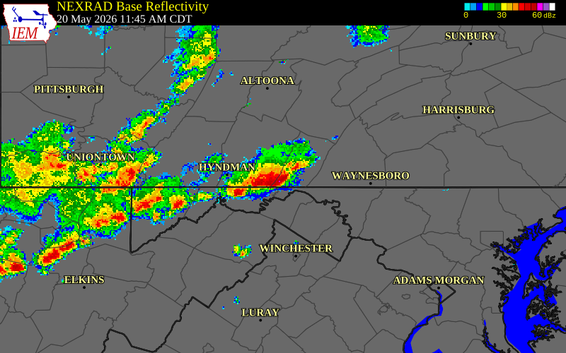 NEXRAD radar during the Wednesday, May 20, 2026 storm activity in Fulton County, Pennsylvania