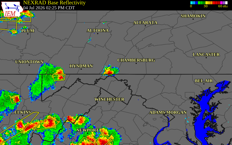 NEXRAD radar during the Saturday, July 4, 2026 storm activity in Fulton County, Pennsylvania