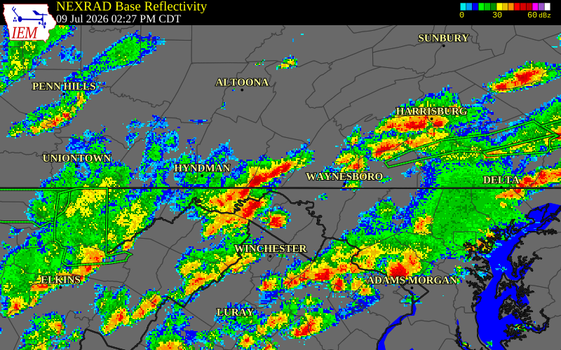 NEXRAD radar during the Thursday, July 9, 2026 storm activity in Fulton County, Pennsylvania