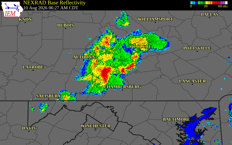 NEXRAD radar during the Monday, August 10, 2026 storm activity in Fulton County, Pennsylvania