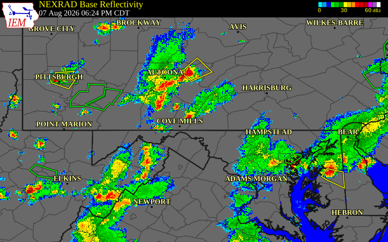 Radar snapshot during the Aug 7, 2026 wind event near Fulton County, Fulton County, Pennsylvania, with NWS warning polygons