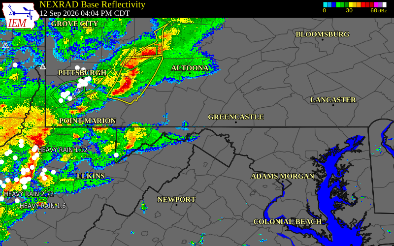 Current NEXRAD radar over Fulton County, Pennsylvania with recent storm report locations