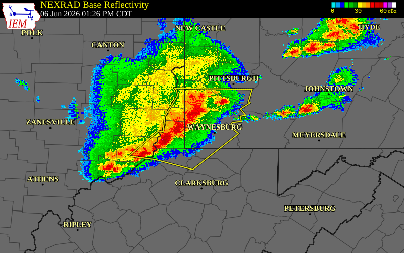 NEXRAD radar during the Saturday, June 6, 2026 storm activity in Greene County, Pennsylvania