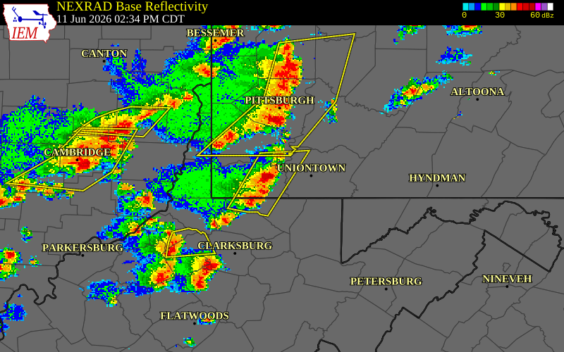 NEXRAD radar during the Thursday, June 11, 2026 storm activity in Greene County, Pennsylvania