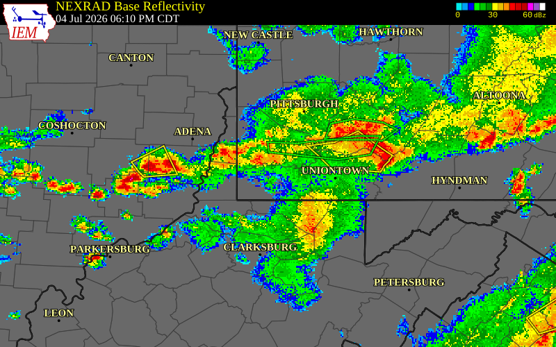 NEXRAD radar during the Saturday, July 4, 2026 storm activity in Greene County, Pennsylvania
