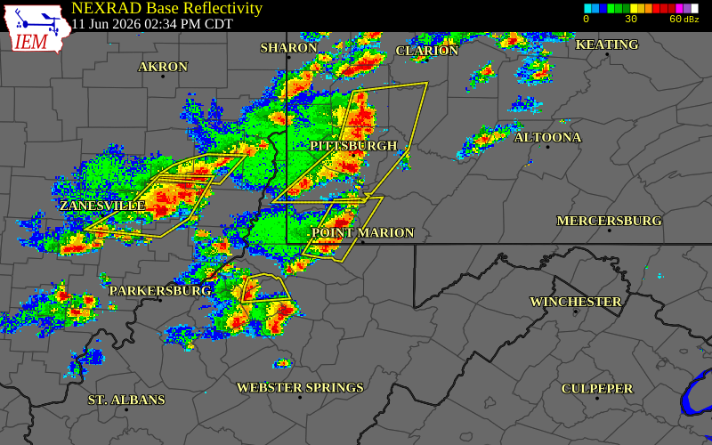 Radar snapshot during the Jun 11, 2026 wind event near 1 NE Fairdale, Greene County, Pennsylvania, with NWS warning polygons