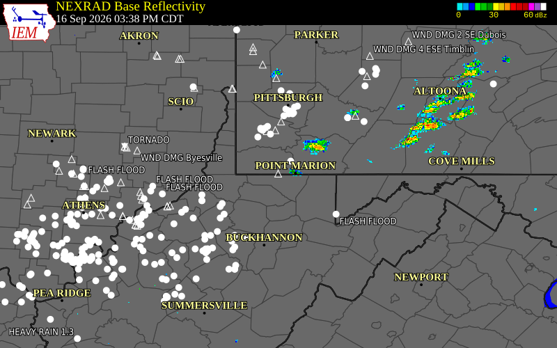Current NEXRAD radar over Greene County, Pennsylvania with recent storm report locations