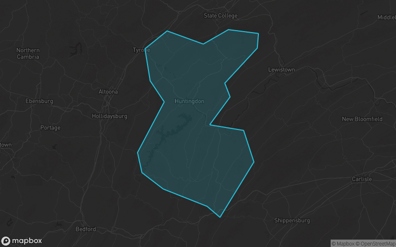 Map of Huntingdon County, Pennsylvania showing the county boundary and surrounding cities
