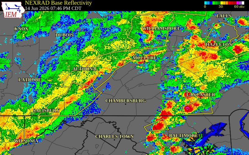 NEXRAD radar during the Sunday, June 14, 2026 storm activity in Huntingdon County, Pennsylvania