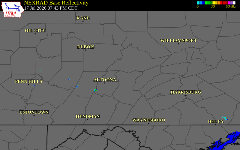 NEXRAD radar during the Friday, July 17, 2026 storm activity in Huntingdon County, Pennsylvania