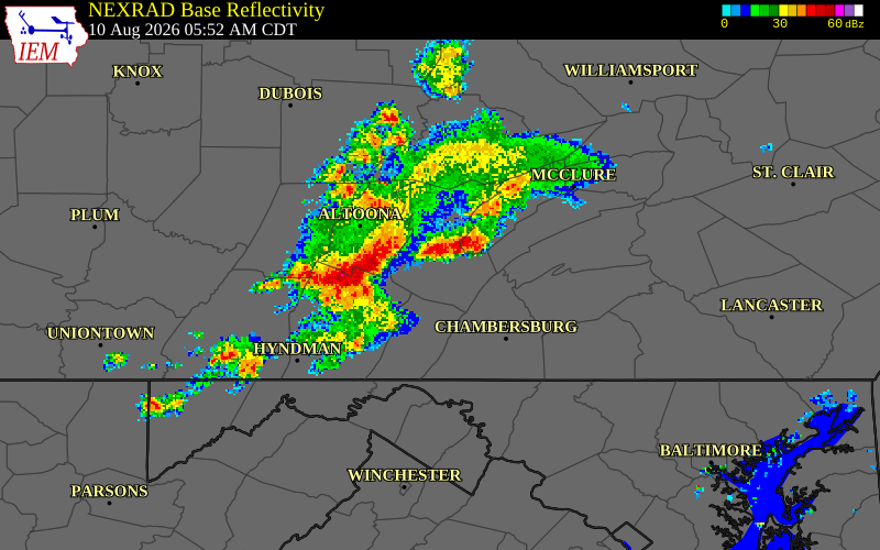 NEXRAD radar during the Monday, August 10, 2026 storm activity in Huntingdon County, Pennsylvania