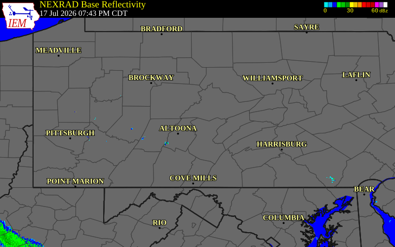 Radar snapshot during the Jul 17, 2026 tornado event near 3 NNE Spruce Creek, Huntingdon County, Pennsylvania, with NWS warning polygons