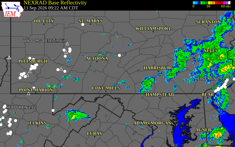 Current NEXRAD radar over Huntingdon County, Pennsylvania with recent storm report locations