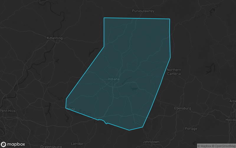 Map of Indiana County, Pennsylvania showing the county boundary and surrounding cities