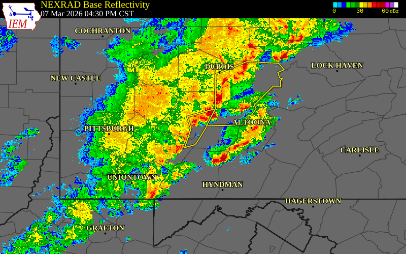 NEXRAD radar during the Saturday, March 7, 2026 storm activity in Indiana County, Pennsylvania