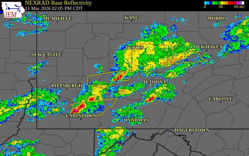 NEXRAD radar during the Wednesday, March 11, 2026 storm activity in Indiana County, Pennsylvania